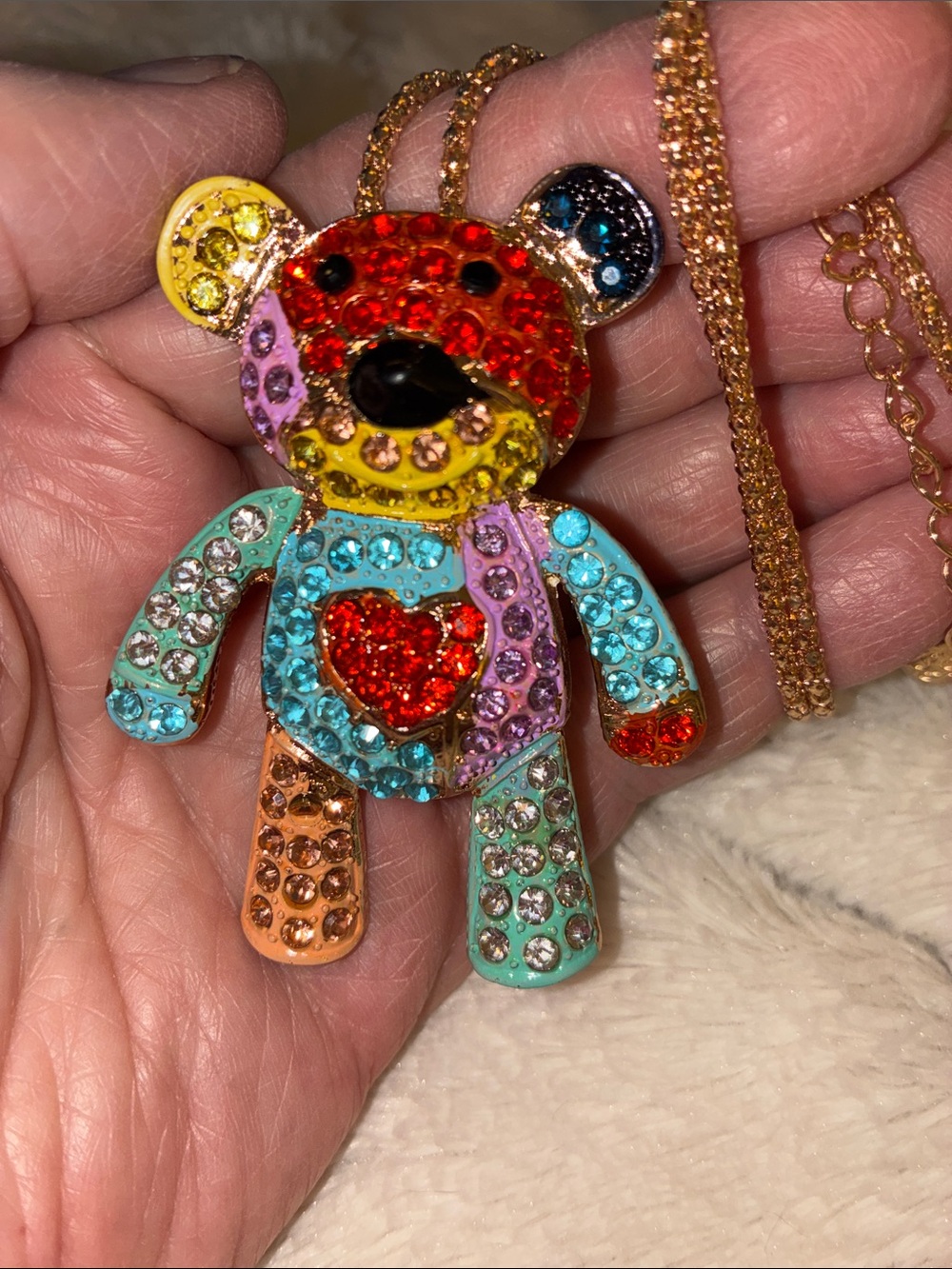 Multicolor Crystal Teddy Bear Pendant Necklace